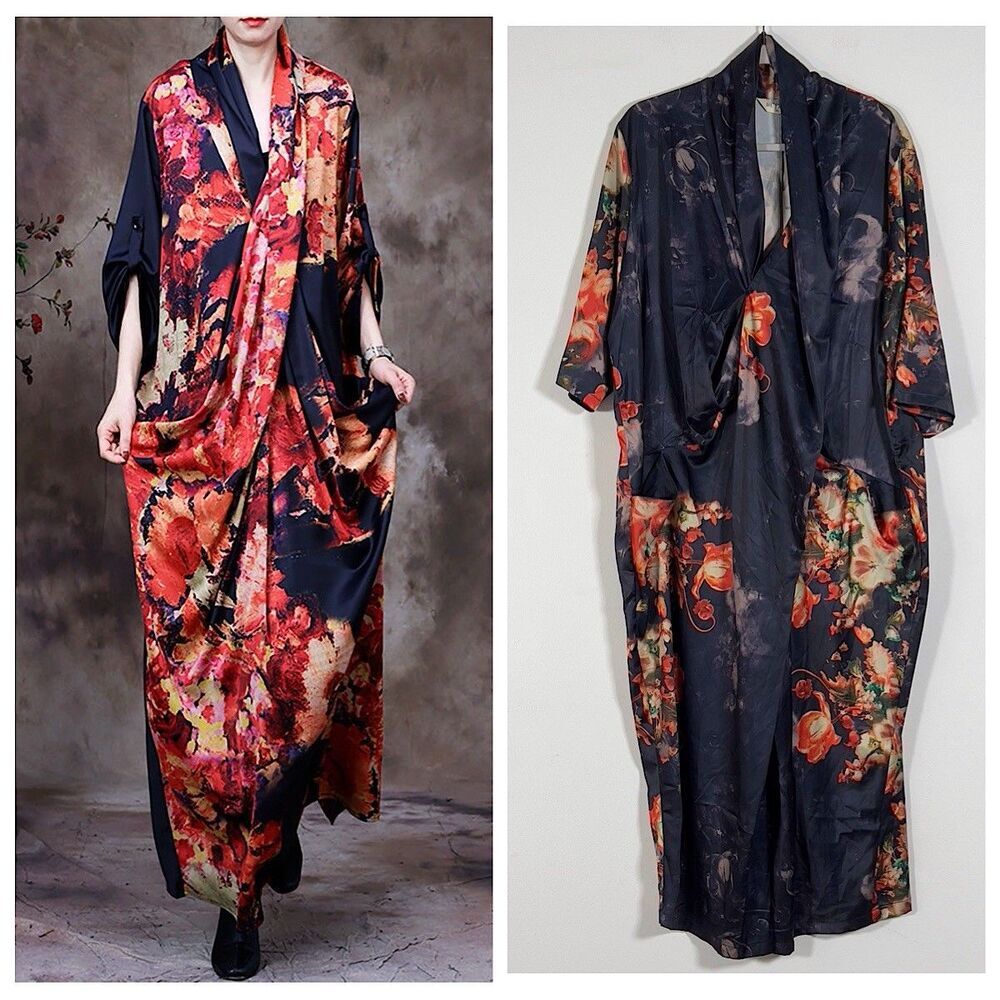 BUYKUD Drapey V-Neck Boho Maxi Dress Womens Sz XL Blue Floral Artsy